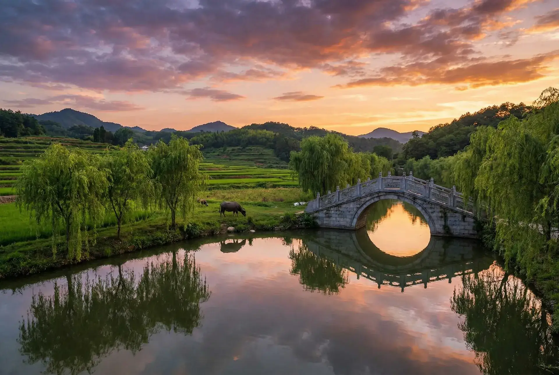 夕阳下的石拱桥与垂柳，水牛在河边吃草 - 羞羞答答的免费视频在线观看 乡村美景